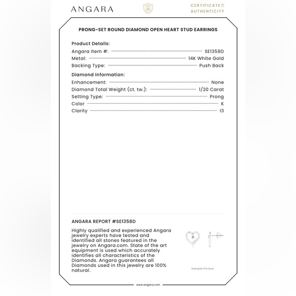 NWT 💎Angara Prong-Set Round Diamond Open Heart Stud Earrings— NEVER WORN - Picture 4 of 4